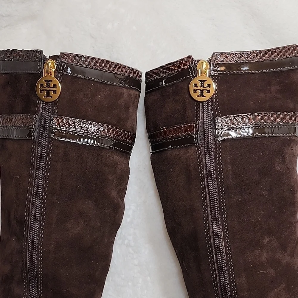 Tory Burch Uma Brown Genuine Suede Knee High Full Zip Trim Riding Boots Sz 7 - Picture 8 of 16